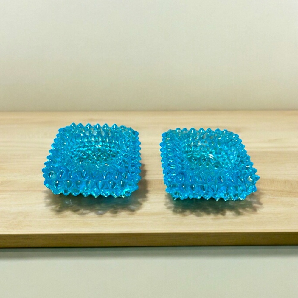 Vintage Fenton Glass Blue Hobnail Salt Dish/Candle Holder/Trinket Dish  set of 2